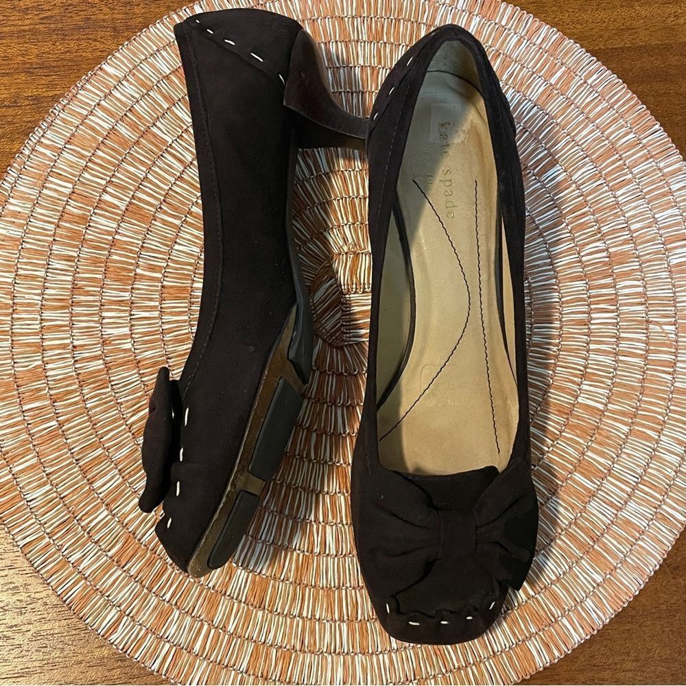 Kate Spade Kitten Moccasin Suede Leather Heels Brown With Cream Stitching 9.5